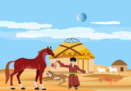 Turkmenistan country travell and tourism consept, boy and horse, turkmenistan landscape vector.のイラスト素材