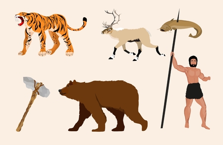 Stone age man and ice age animals, vector setのイラスト素材