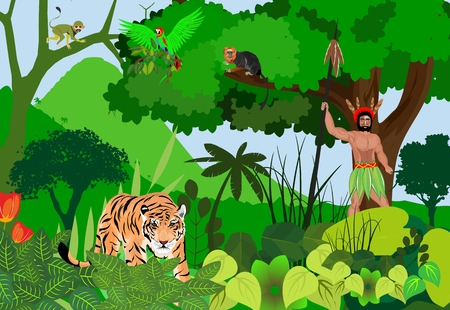 Aboriginal in the jungle, wild jungle scene, tiger, monkeys, birds and trees, exotic animals and plants vector.のイラスト素材