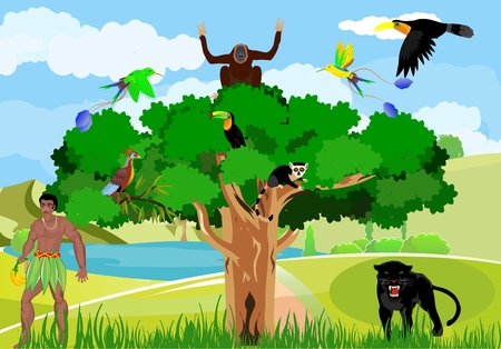 Illustration of aboriginal in the jungle, with wild animals.のイラスト素材