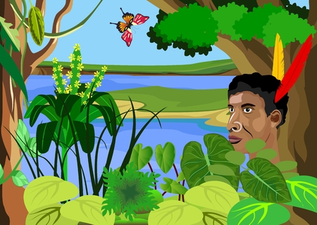 Illustration of jungle scene, aboriginal man in the foliage, wildlife landscape.のイラスト素材