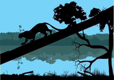 Leopards silhouette on tree trunk landscape.のイラスト素材