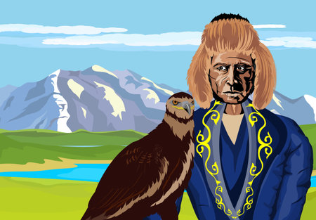 Nomad kazakh man with eagle. eagle hunting, tradition of kazakh nomads of central asia. Vector...