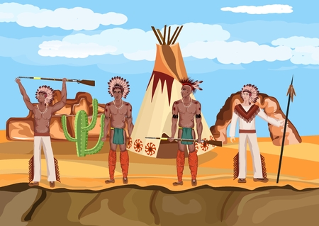 Native american warriors stand in prairie, vector landscape, vector people. Native american indains theme. Illustrationのイラスト素材
