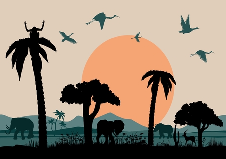 Savannah vector landscape with elephants and other animals vector silhouettes, vector illustrationのイラスト素材