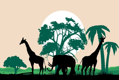 Savannah vector landscape with elephant and giraffes vector silhouettesのイラスト素材