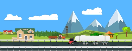 Flat illustration of countryside landscape, road with truckのイラスト素材
