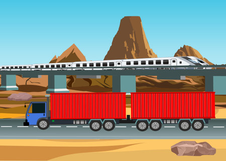 The truck on the highway, and the train above, desert landscape on the backgound, vector.のイラスト素材