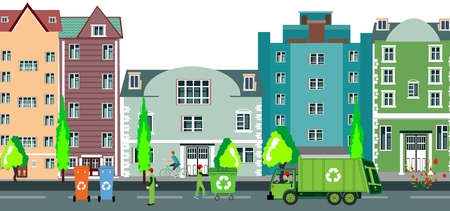 Urban waste recycling process with garbage truck and garbage collectors workers, city buildings on background Flat vector concept illustrationのイラスト素材