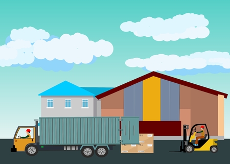 Delivery truck at the warehouse, workers, buildings, flat vector, the concept of a logistics center, transportation of logistics goods.のイラスト素材