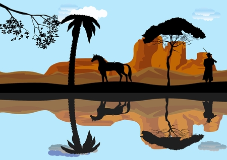 Silhouettes of cowboy, horse and trees on the riverbank mirrored on water, vector illustrationのイラスト素材