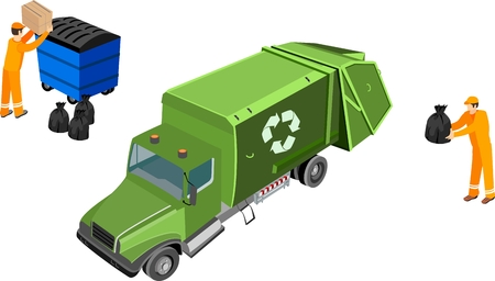 Garbage  Collector Truck . 3D vector set.  Isometric track collect & storage Vehicle, garbage cans. machine components set. Workers cleaning garbage cans  Recycle and cleaning theme.のイラスト素材
