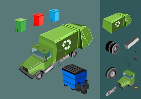 Garbage  Collector Truck . 3D vector set.  Isometric track collect & storage Vehicle, garbage cans. machine components set.  Recycle and cleaning theme.のイラスト素材