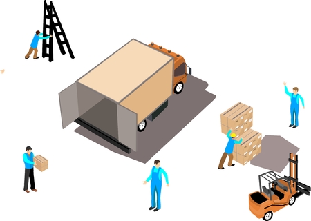 3d isometric process of loading of mail cargoes. Small Isometric truck,  forklifts, mail employees  exterior, business delivery, storage cargo illustration. Warehouseのイラスト素材