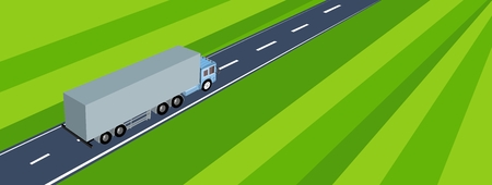 Truck driving along the highway, green field, view from above, isometric vector illustration,flat vector,のイラスト素材