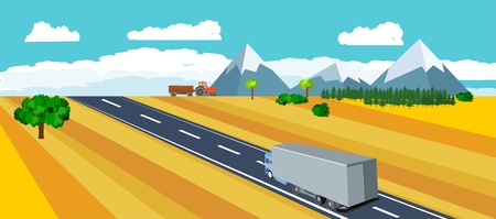 Truck driving along the highway, view from above, isometric vector illustration, horizontal flat, countrysideのイラスト素材