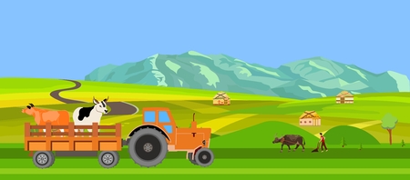 Green field and mountains with farm animals in horizontal web banner vector illustration.のイラスト素材