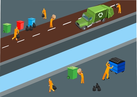 Workers clean garbage from garbage cans, in the city street, 3d isometric concept icons vector.のイラスト素材