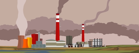 Horizontal web page industrial banner, oil refinery, environmental pollution industrial landscape.のイラスト素材