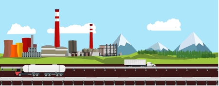 Horizontal web page industrial banner, oil refinery and oil trucks on the highway.のイラスト素材