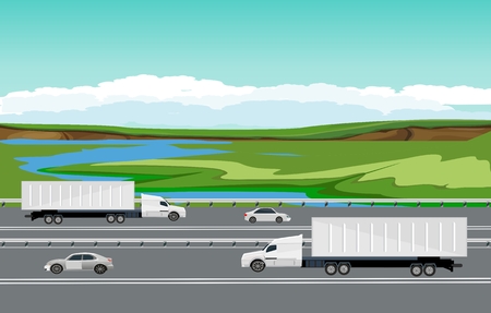 Road In Countryside With truck, cars driving, Natural Landscape background, green fields.のイラスト素材