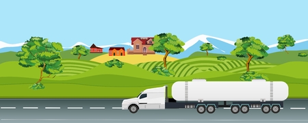 Road in countryside with trailer driving, natural landscape, little village horizontal banner vector illustration.のイラスト素材