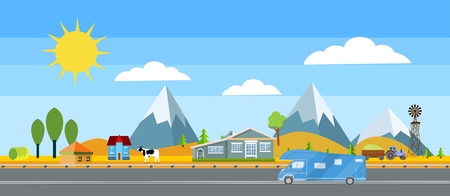 Road in countryside with trailer driving, natural landscape, little village horizontal banner vector illustration.のイラスト素材