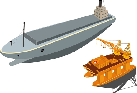 Oil platform and ship tanker sea, vector 3d isometric concept illustration, isolated on white background.のイラスト素材