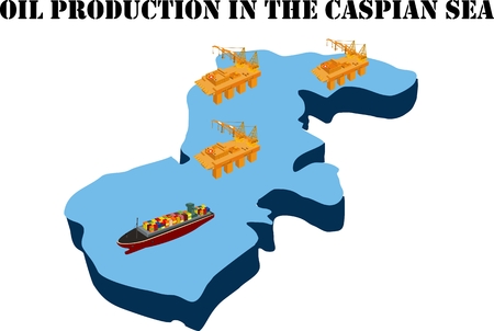 Oil production in the Caspian sea, 3d isometric concept vector illustration, oil platforms in the sea.のイラスト素材