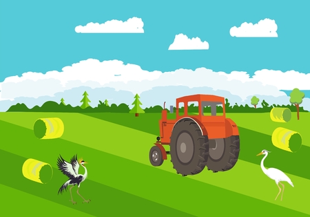 Tractor on the green field, agriculture, farm, countryside theme, outdoor nature illustration.のイラスト素材