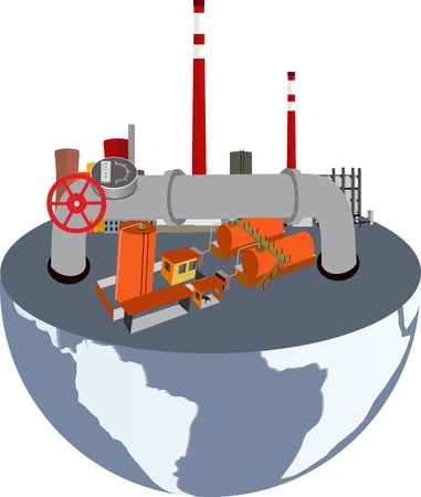 Oil gas industry conceptual isometric vector illustration, oil refinery factory, oil pipe station, on earth.のイラスト素材