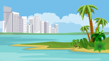White buildings of a big resort city on the ocean coast, sand beach with palmsのイラスト素材