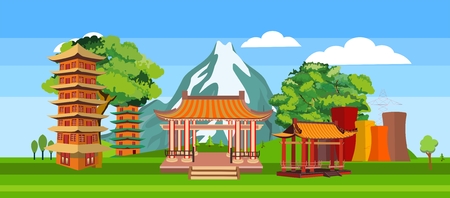 Oriental style buildings, pagodas, and countryside landscape vector, horizontal vector conceptのイラスト素材