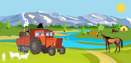 Country side view of typical village  in the mountain valley concept vector of life style of nomads vectorのイラスト素材