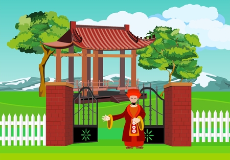 Old chinese man stands before gate, green hills and mountains in background, concept vector illustration.のイラスト素材