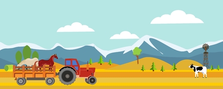 Countryside vector horizontal panoramic illustration, tractor with horses, mountains and hills in a backgroundのイラスト素材