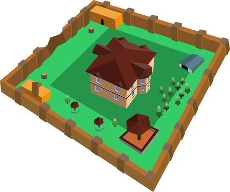 Cottage with a yard and annexes, isometric vector illustrationのイラスト素材