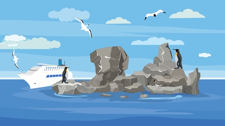 Penguin birds on the ocean reefs, seagulls flying, big ocean cruise liner, concept sea vector illustrationのイラスト素材