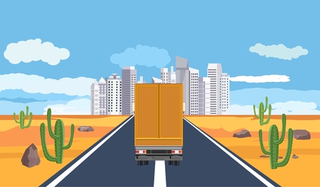 Back view of Truck trail driving on the road in the desert landscape, cityのイラスト素材