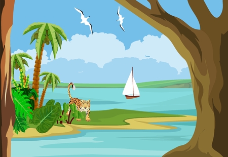 View from the sea coast of a tropical island, sea landscape, palm tree, jaguar.のイラスト素材