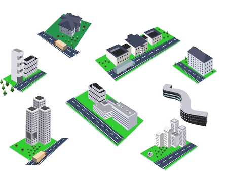 City buildings isometric projection of a 3d vector houses, buildings, houses, yards, parks automobils and other design elementsのイラスト素材