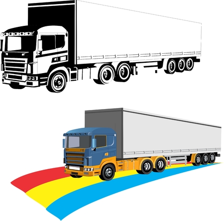 Two big trucks trailers, 3d vector, delivery trucks, lory, isolated on white, monochrome and colored.のイラスト素材
