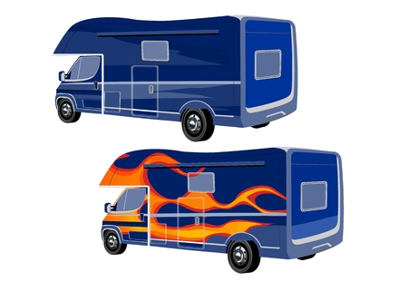 Vector small 2 trailers 3d vector. Solid and Flat color design.Stylyzed flame and water colored cars for transportation. Isolated on white vectorのイラスト素材