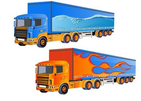 Vector small 2 trailers 3d vector. Solid and Flat color design.Stylyzed flame and water colored cars for transportation. Isolated on white vectorのイラスト素材