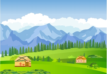 Kazakhstan countryside, farm, village, flowers, green hills and mountains, blue clouds, forest. Cartoon style, vector illustration