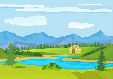 Kazakhstan countryside, farm, village, flowers, green hills and mountains, blue lake, clouds, Cartoon style, vector illustrationのイラスト素材