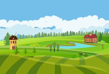 Countryside vector illustration, houses on the green hills, farm, lake outdoor vectorのイラスト素材