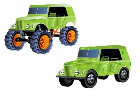 2 old style russian off road car, green colored, monster like design, big wheelsのイラスト素材