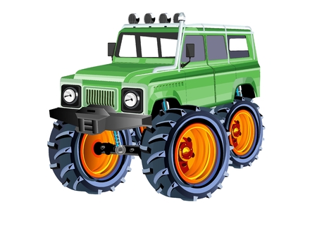 Off road monster car with big wheels, isolated on white. Green colorのイラスト素材