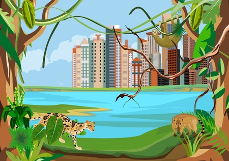 urban buildings in the river coast, green forest jungle, animals wildlife, blue lake, tropical nature and urbanization, vector illustrationのイラスト素材